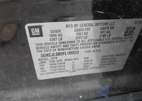 2015 Chevrolet Trax Lt z USA, uszkodzony, nr VIN 3GNCJLSB5FL186633